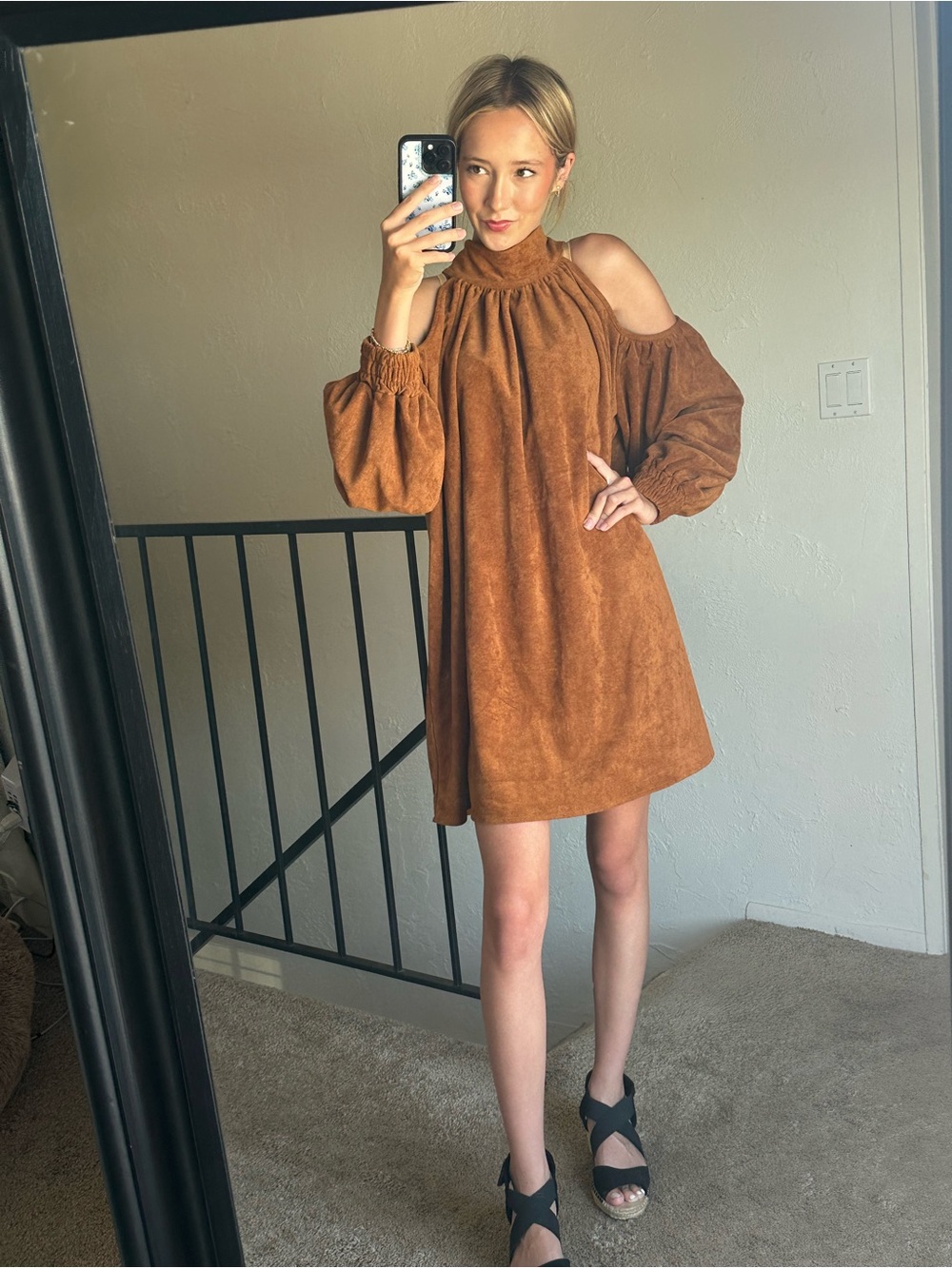 Cold-Shoulder Mini Dress in Rust Suede